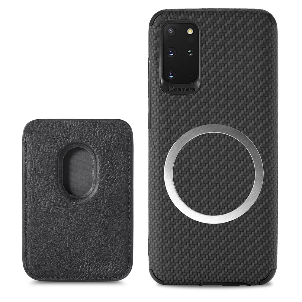 For Samsung Galaxy S20 Plus/Plus 5G PU Leather Coated TPU + PVC Phone Case Detachable Card Holder Carbon Fiber Texture Anti-fingerprint Case Cover - Black-1