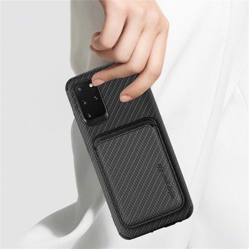 For Samsung Galaxy S20 Plus/Plus 5G PU Leather Coated TPU + PVC Phone Case Detachable Card Holder Carbon Fiber Texture Anti-fingerprint Case Cover - Black-11