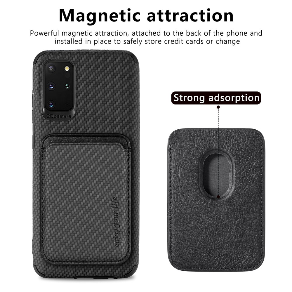 For Samsung Galaxy S20 Plus/Plus 5G PU Leather Coated TPU + PVC Phone Case Detachable Card Holder Carbon Fiber Texture Anti-fingerprint Case Cover - Black-3