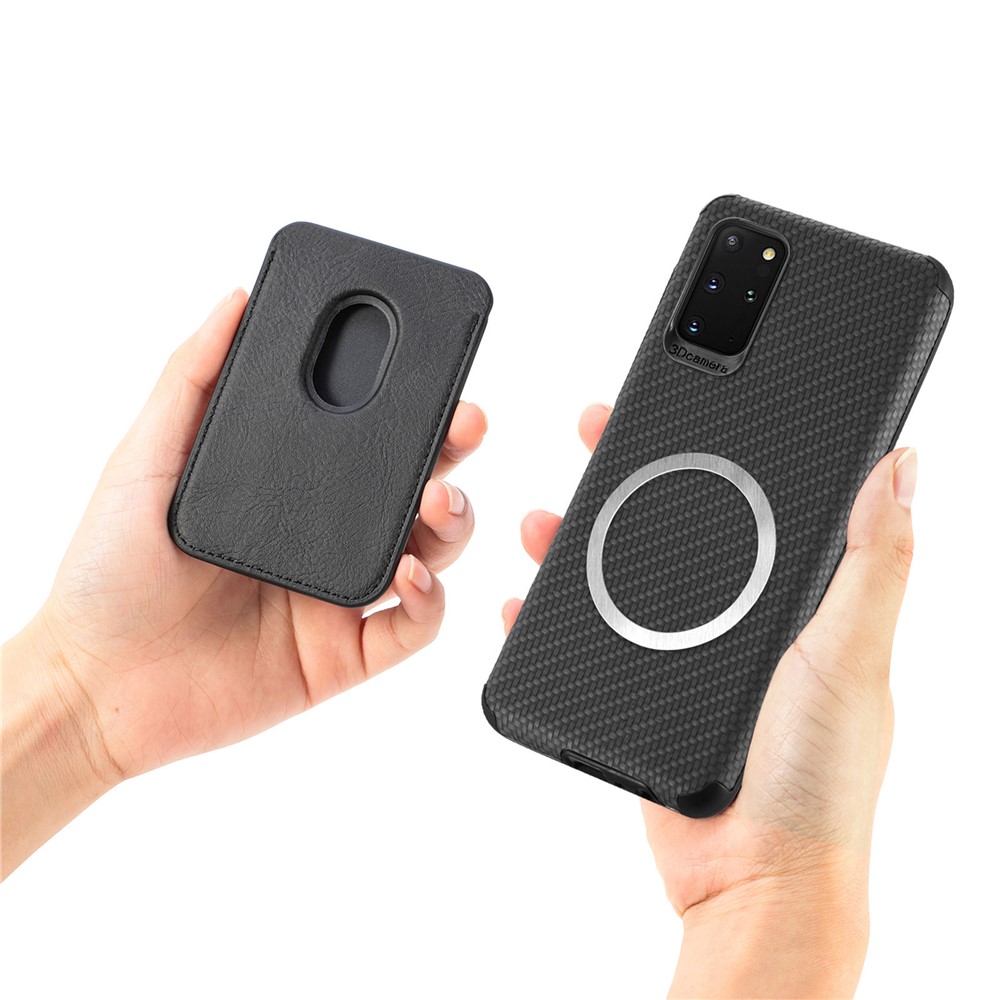For Samsung Galaxy S20 Plus/Plus 5G PU Leather Coated TPU + PVC Phone Case Detachable Card Holder Carbon Fiber Texture Anti-fingerprint Case Cover - Black-9