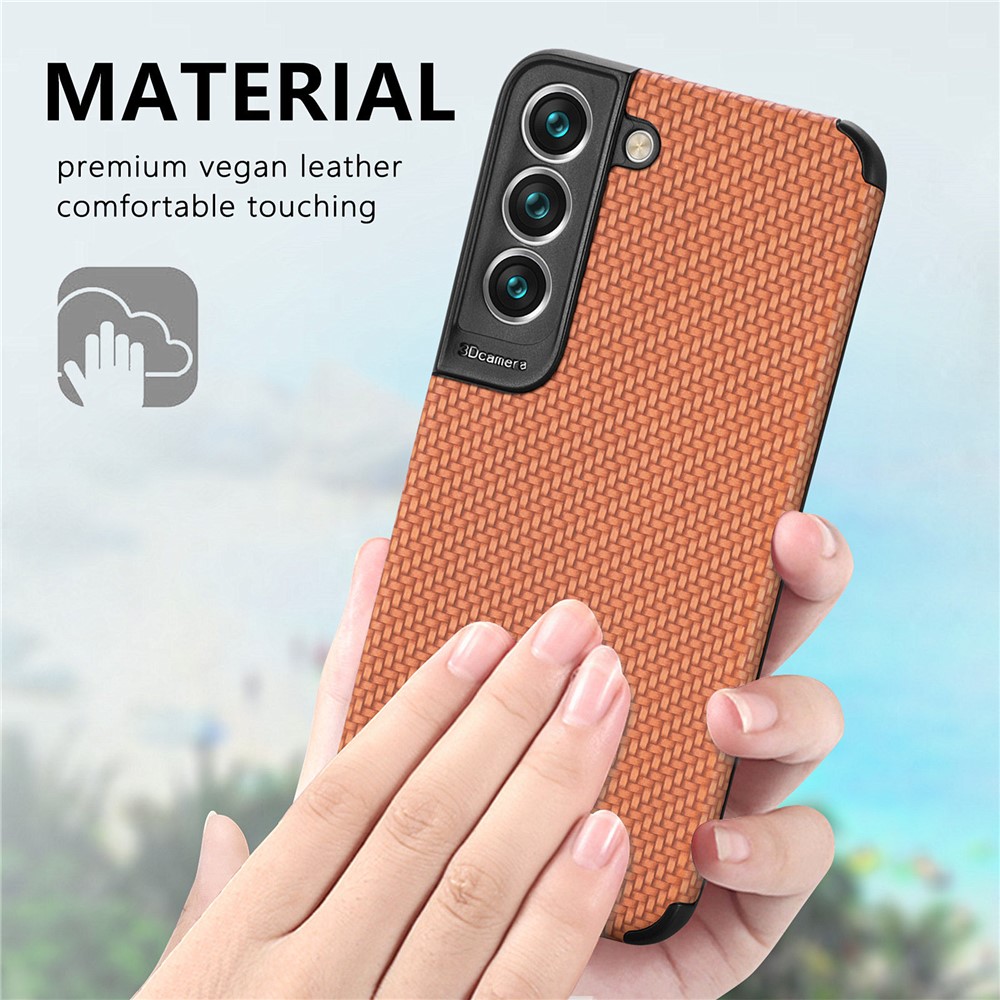 For Samsung Galaxy S22+ 5G Mobile Phone Cover Fiber Texture PU Leather Coated TPU + PVC Protective Case - Brown-4