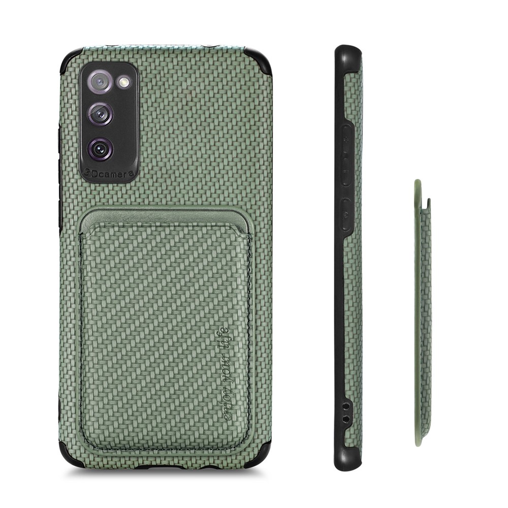 For Samsung Galaxy S20 FE 5G/4G / Galaxy S20 Lite Dustproof PU Leather Coated TPU + PVC Phone Case Detachable Card Holder Carbon Fiber Texture Protective Cover - Green-10