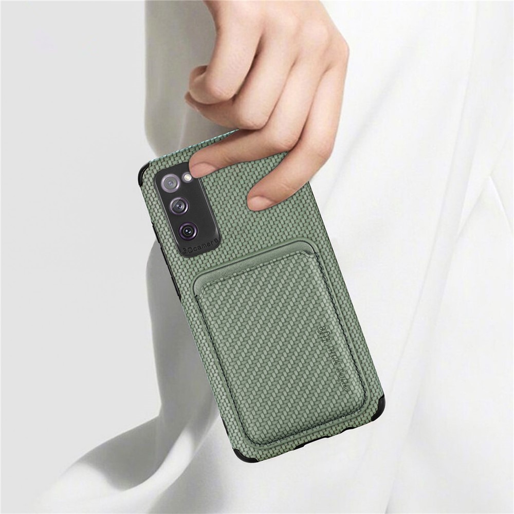 For Samsung Galaxy S20 FE 5G/4G / Galaxy S20 Lite Dustproof PU Leather Coated TPU + PVC Phone Case Detachable Card Holder Carbon Fiber Texture Protective Cover - Green-11