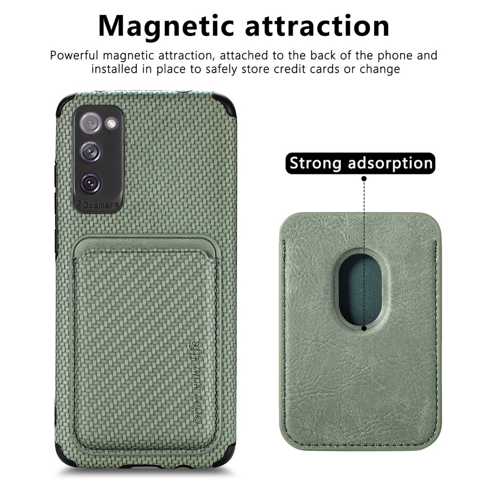 For Samsung Galaxy S20 FE 5G/4G / Galaxy S20 Lite Dustproof PU Leather Coated TPU + PVC Phone Case Detachable Card Holder Carbon Fiber Texture Protective Cover - Green-3