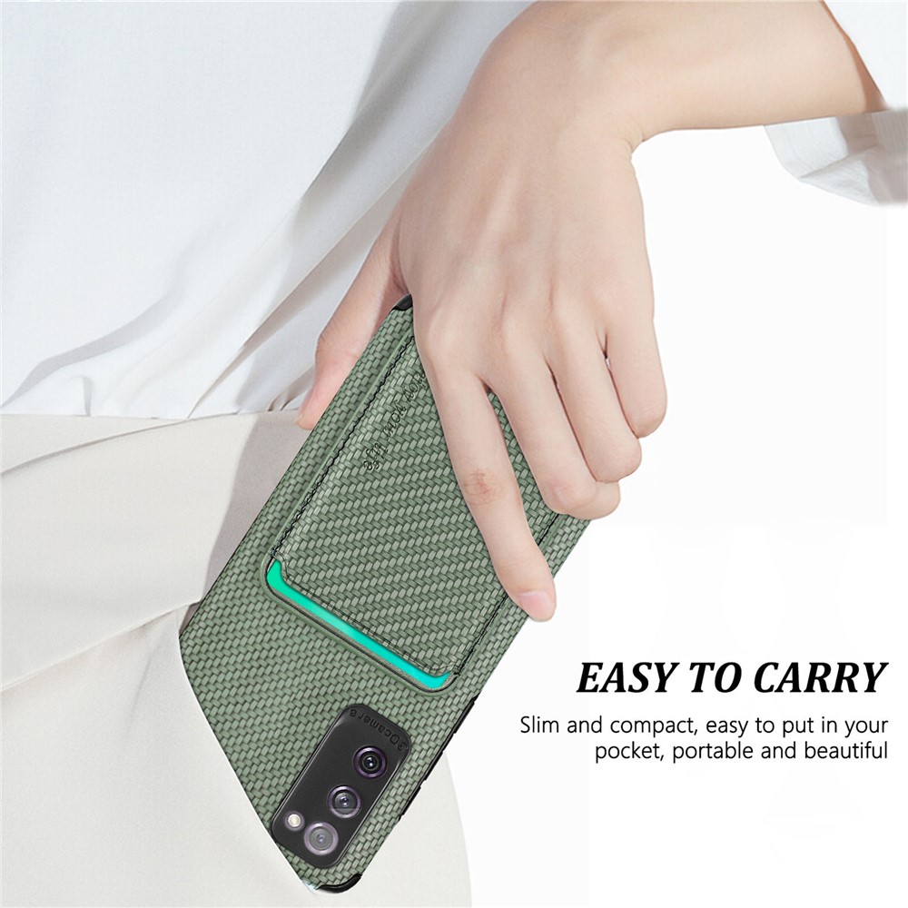 For Samsung Galaxy S20 FE 5G/4G / Galaxy S20 Lite Dustproof PU Leather Coated TPU + PVC Phone Case Detachable Card Holder Carbon Fiber Texture Protective Cover - Green-7