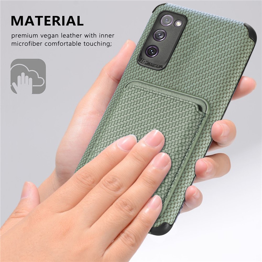 For Samsung Galaxy S20 FE 5G/4G / Galaxy S20 Lite Dustproof PU Leather Coated TPU + PVC Phone Case Detachable Card Holder Carbon Fiber Texture Protective Cover - Green-8