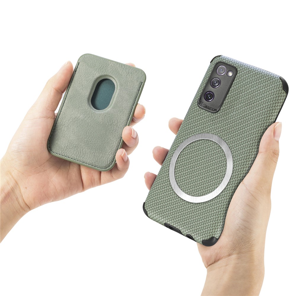 For Samsung Galaxy S20 FE 5G/4G / Galaxy S20 Lite Dustproof PU Leather Coated TPU + PVC Phone Case Detachable Card Holder Carbon Fiber Texture Protective Cover - Green-9