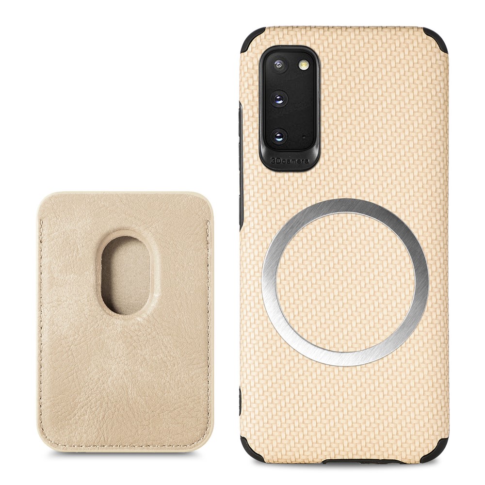 For Samsung Galaxy S20 4G/5G Smartphone Cover PU Leather Coated TPU + PVC Detachable Card Holder Carbon Fiber Texture Phone Case - Khaki-1
