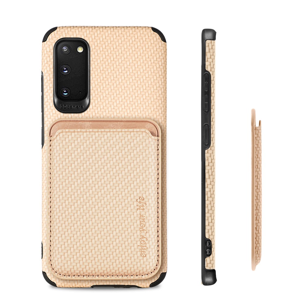 For Samsung Galaxy S20 4G/5G Smartphone Cover PU Leather Coated TPU + PVC Detachable Card Holder Carbon Fiber Texture Phone Case - Khaki-10