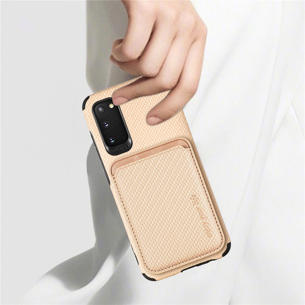 For Samsung Galaxy S20 4G/5G Smartphone Cover PU Leather Coated TPU + PVC Detachable Card Holder Carbon Fiber Texture Phone Case - Khaki-11