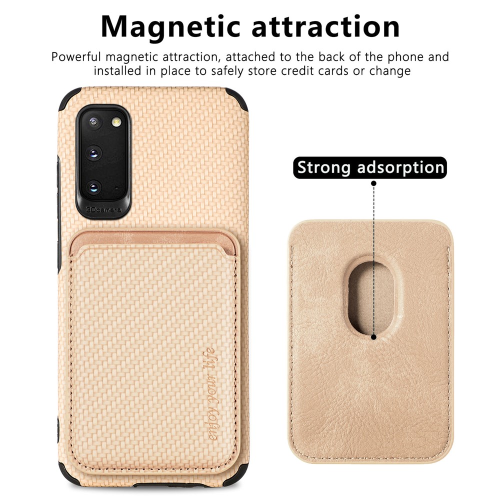 For Samsung Galaxy S20 4G/5G Smartphone Cover PU Leather Coated TPU + PVC Detachable Card Holder Carbon Fiber Texture Phone Case - Khaki-3
