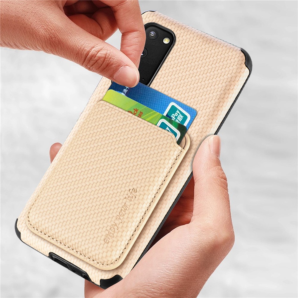 For Samsung Galaxy S20 4G/5G Smartphone Cover PU Leather Coated TPU + PVC Detachable Card Holder Carbon Fiber Texture Phone Case - Khaki-4