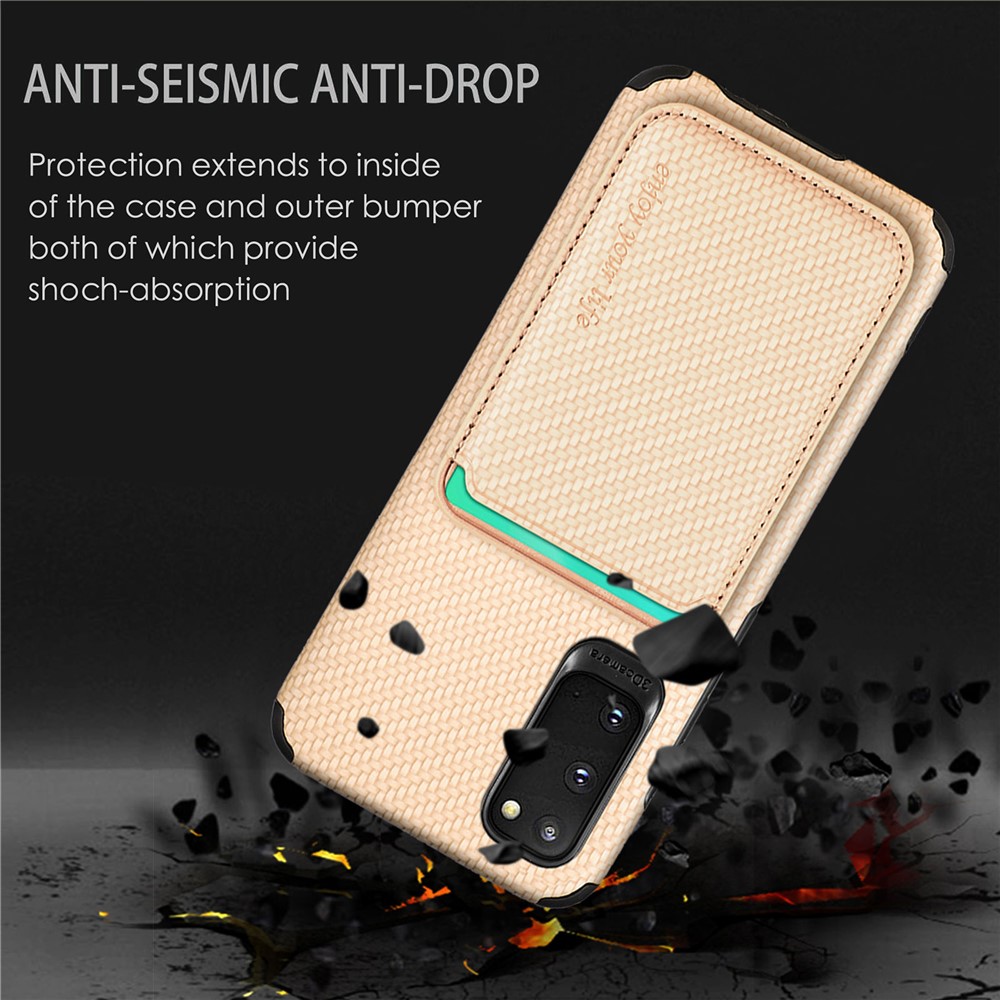 For Samsung Galaxy S20 4G/5G Smartphone Cover PU Leather Coated TPU + PVC Detachable Card Holder Carbon Fiber Texture Phone Case - Khaki-6