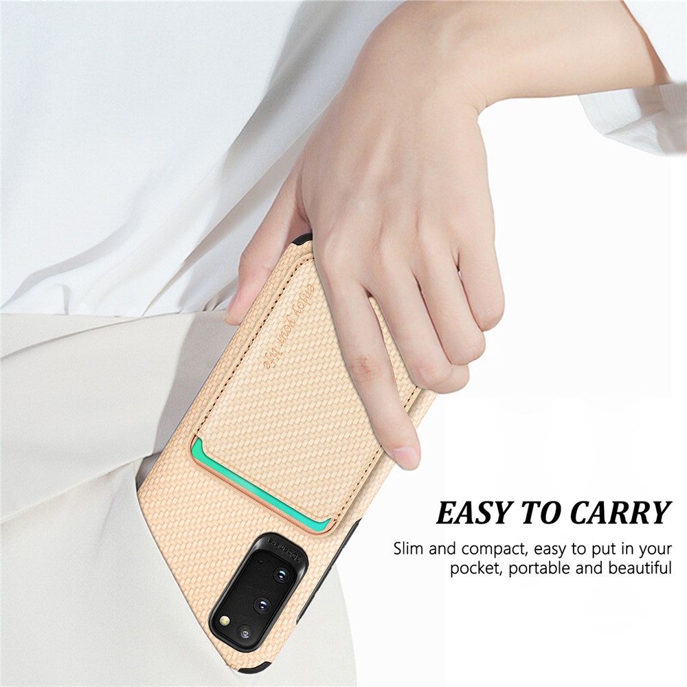 For Samsung Galaxy S20 4G/5G Smartphone Cover PU Leather Coated TPU + PVC Detachable Card Holder Carbon Fiber Texture Phone Case - Khaki-7