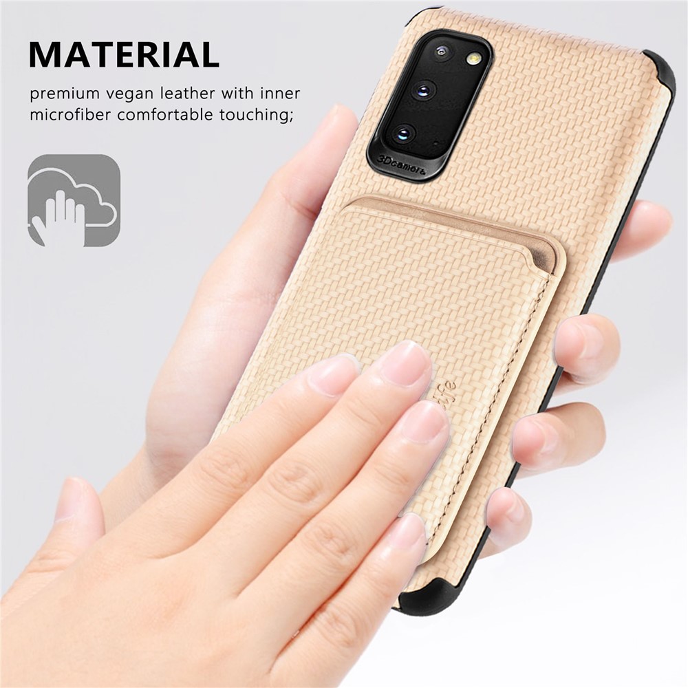 For Samsung Galaxy S20 4G/5G Smartphone Cover PU Leather Coated TPU + PVC Detachable Card Holder Carbon Fiber Texture Phone Case - Khaki-8