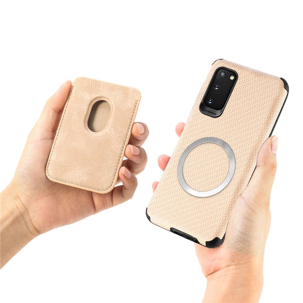 For Samsung Galaxy S20 4G/5G Smartphone Cover PU Leather Coated TPU + PVC Detachable Card Holder Carbon Fiber Texture Phone Case - Khaki-9