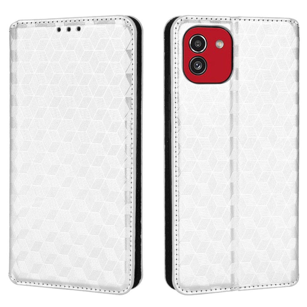 For Samsung Galaxy A03 (164.2 x 75.9 x 9.1mm) (Global Version) Rhombus Imprinted Magnetic Auto-closing Full-Protection Phone Cover PU Leather Stand Wallet Protective Shell - Silver-1