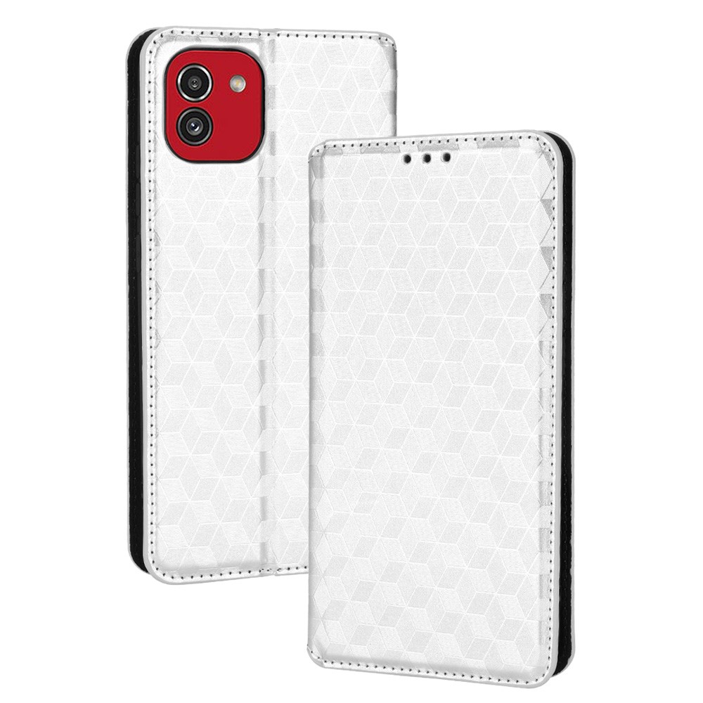 For Samsung Galaxy A03 (164.2 x 75.9 x 9.1mm) (Global Version) Rhombus Imprinted Magnetic Auto-closing Full-Protection Phone Cover PU Leather Stand Wallet Protective Shell - Silver-7