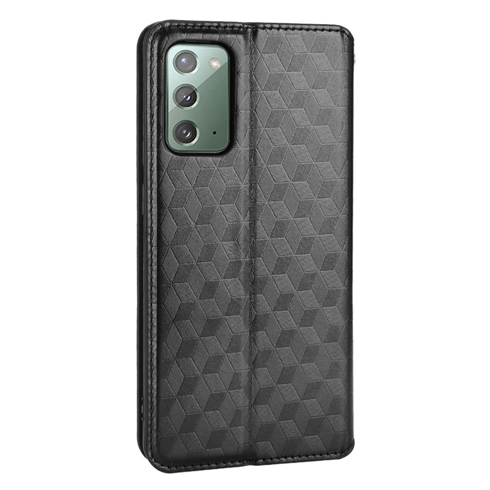 For Samsung Galaxy Note20 4G/5G Phone Protective Shell Rhombus Imprinted PU Leather Magnetic Auto-absorbed Stand Wallet Cover Case - Black-3