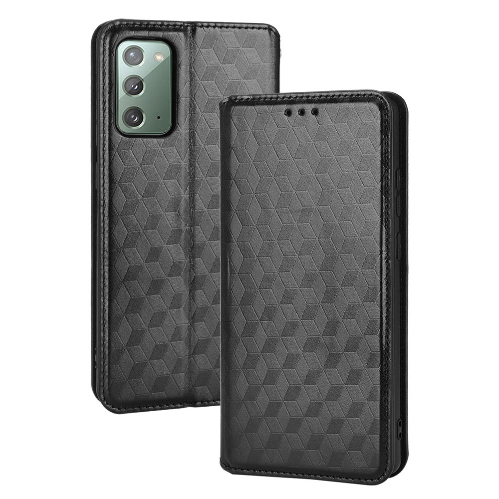 For Samsung Galaxy Note20 4G/5G Phone Protective Shell Rhombus Imprinted PU Leather Magnetic Auto-absorbed Stand Wallet Cover Case - Black-8