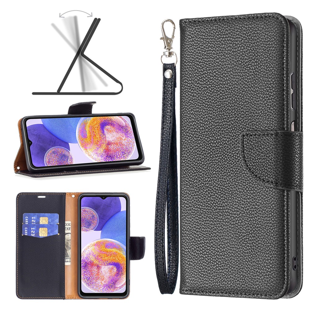 For Samsung Galaxy A23 5G Litchi Texture Scratch Resistant PU Leather Wallet Case Solid Color Stand Mobile Phone Cover - Black-6