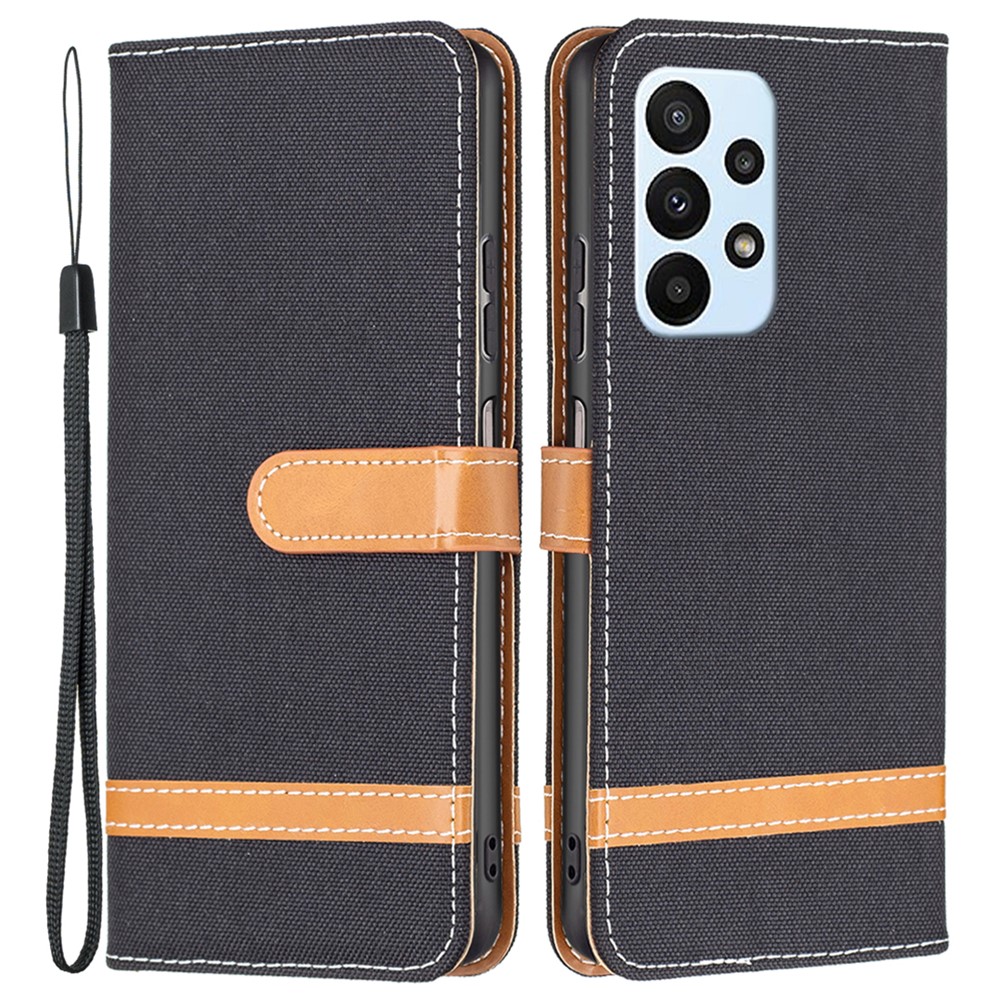 For Samsung Galaxy A23 5G Jeans Cloth Texture Color Splicing Magnetic Clasp Leather Cover Wallet Stand Flip Phone Case - Black-1