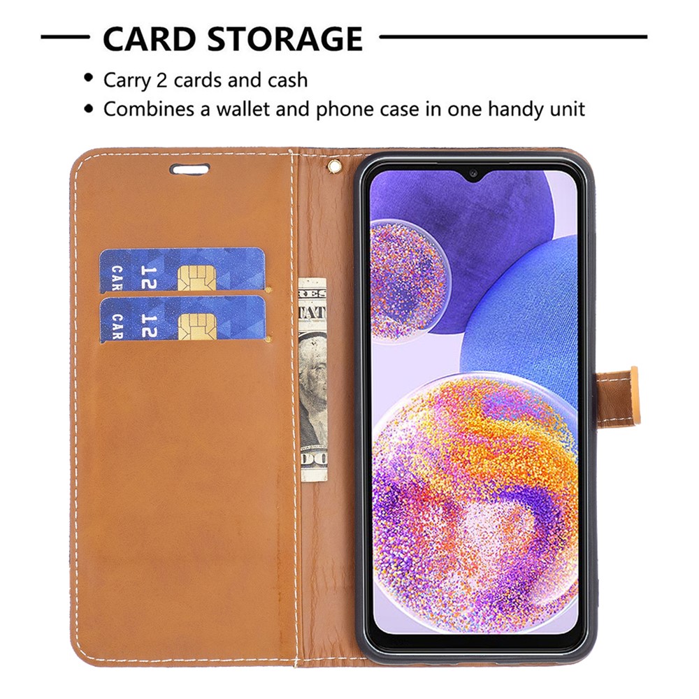 For Samsung Galaxy A23 5G Jeans Cloth Texture Color Splicing Magnetic Clasp Leather Cover Wallet Stand Flip Phone Case - Black-5