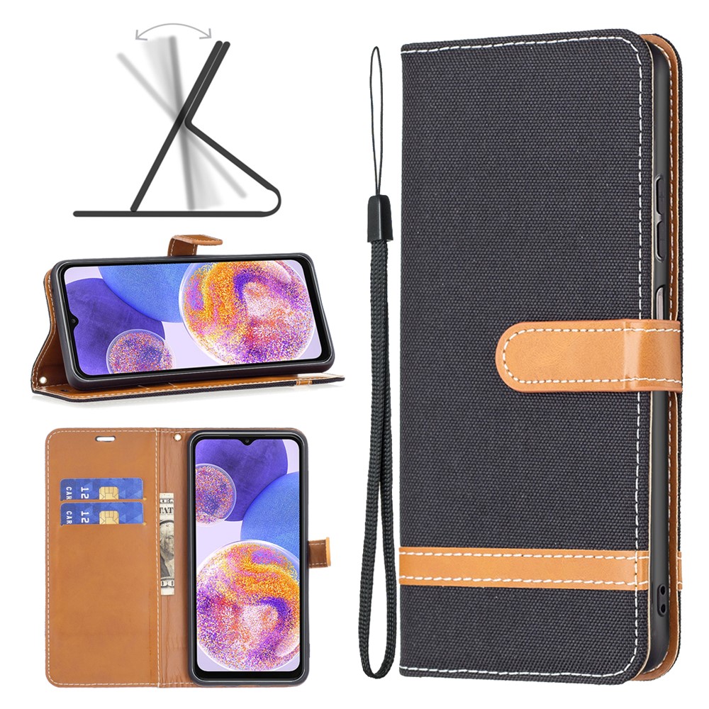 For Samsung Galaxy A23 5G Jeans Cloth Texture Color Splicing Magnetic Clasp Leather Cover Wallet Stand Flip Phone Case - Black-6