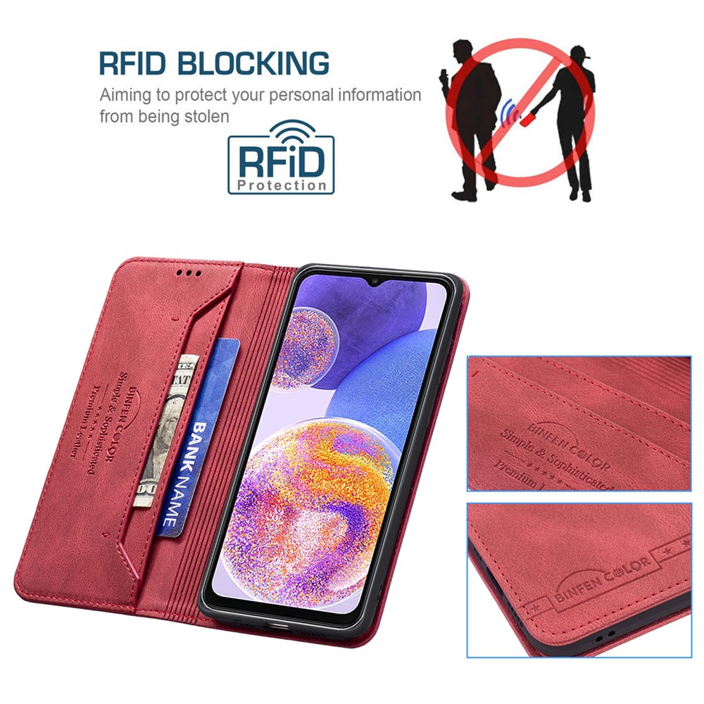 BINFEN COLOR BF08 for Samsung Galaxy A23 5G PU Leather+TPU Dual-layer Protection RFID Blocking Full Body Coverage Wallet Stand Magnetic Phone Case Cover - Red-4