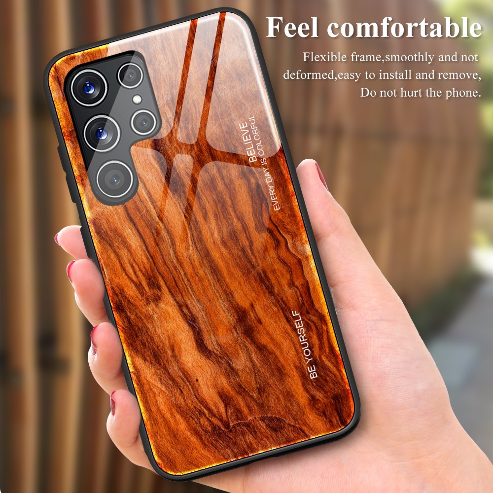 For Samsung Galaxy S22 Ultra 5G Wooden Pattern Tempered Glass Back + TPU Edge Hybrid Phone Cover Case - Orange-2