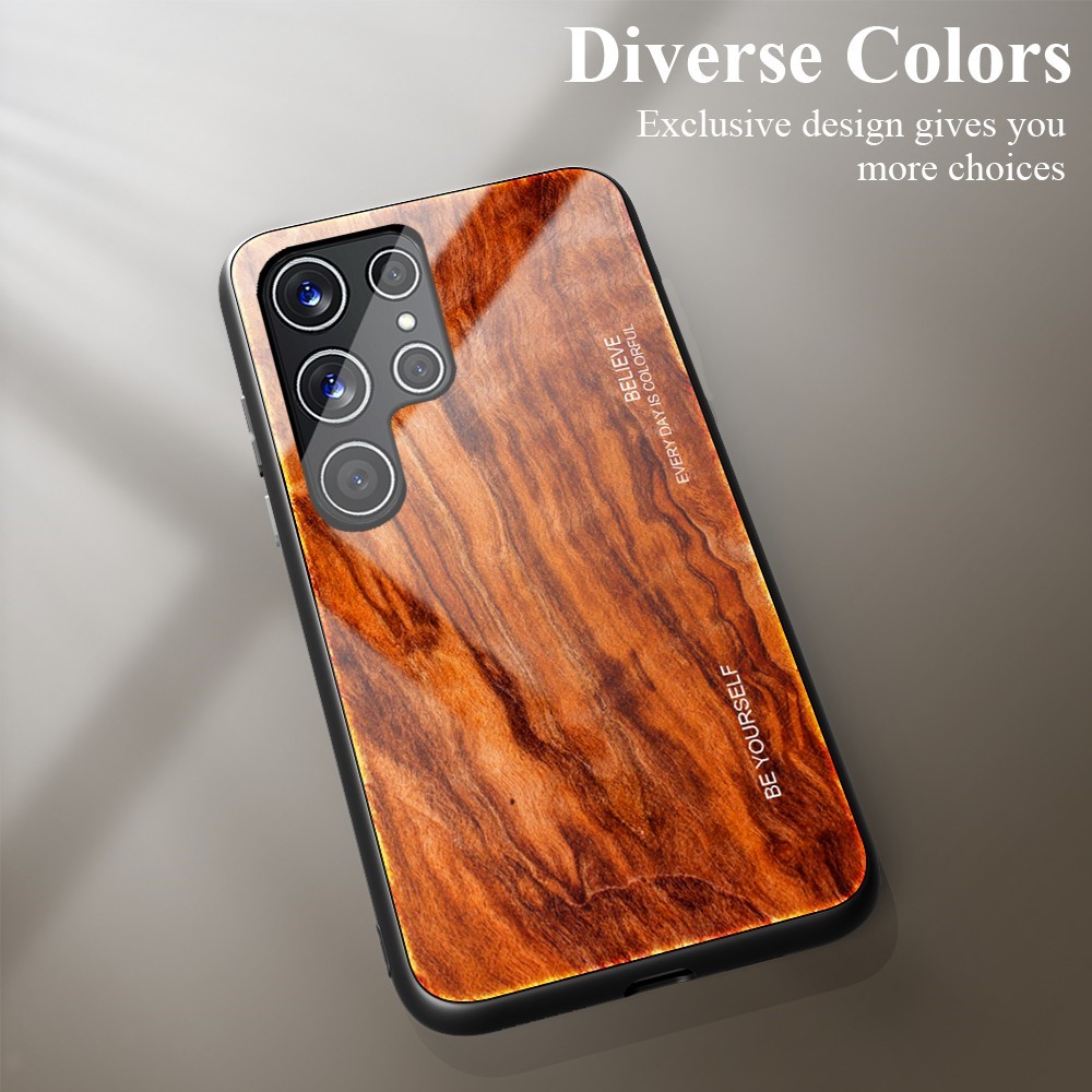 For Samsung Galaxy S22 Ultra 5G Wooden Pattern Tempered Glass Back + TPU Edge Hybrid Phone Cover Case - Orange-3