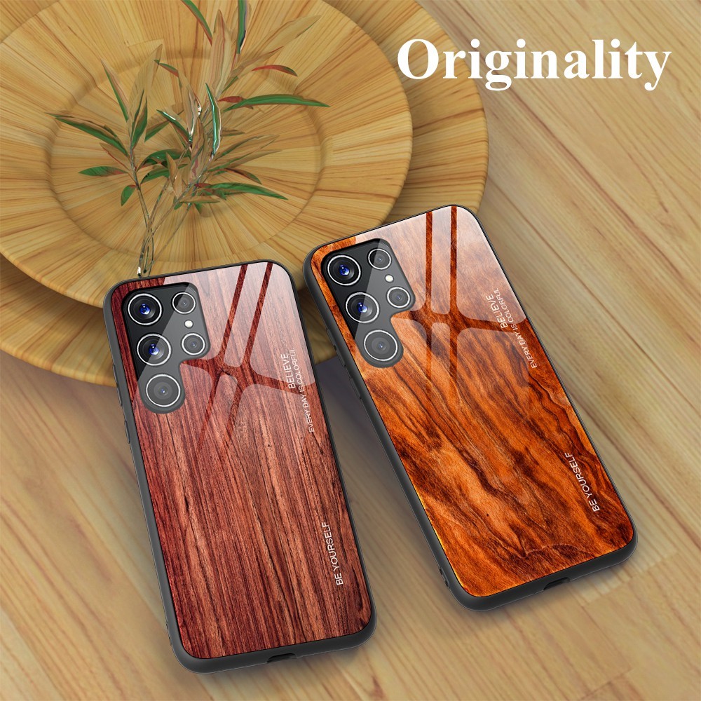 For Samsung Galaxy S22 Ultra 5G Wooden Pattern Tempered Glass Back + TPU Edge Hybrid Phone Cover Case - Orange-4