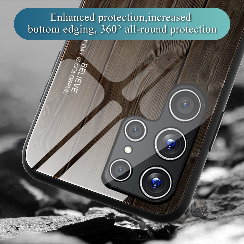 For Samsung Galaxy S22 Ultra 5G Wooden Pattern Tempered Glass Back + TPU Edge Hybrid Phone Cover Case - Orange-7