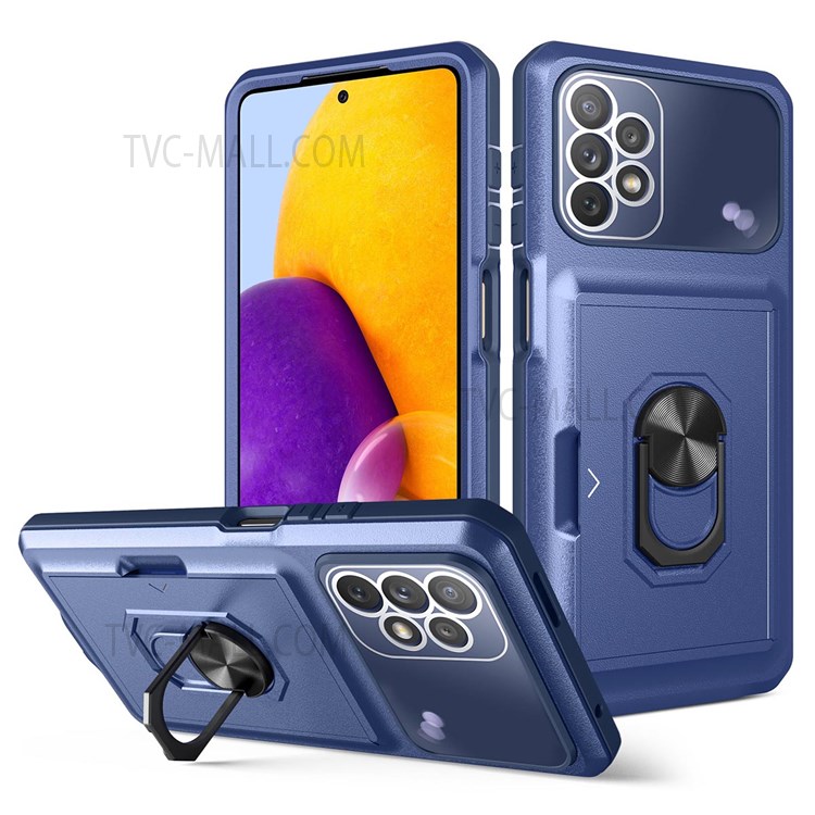 For Samsung Galaxy A32 5G/M32 5G 4 Corners Cushioning Integrated Back Card Holder Phone Case Micron Lens Film Design Ring Kickstand TPU + PC Cover - Sapphire/Blue-1