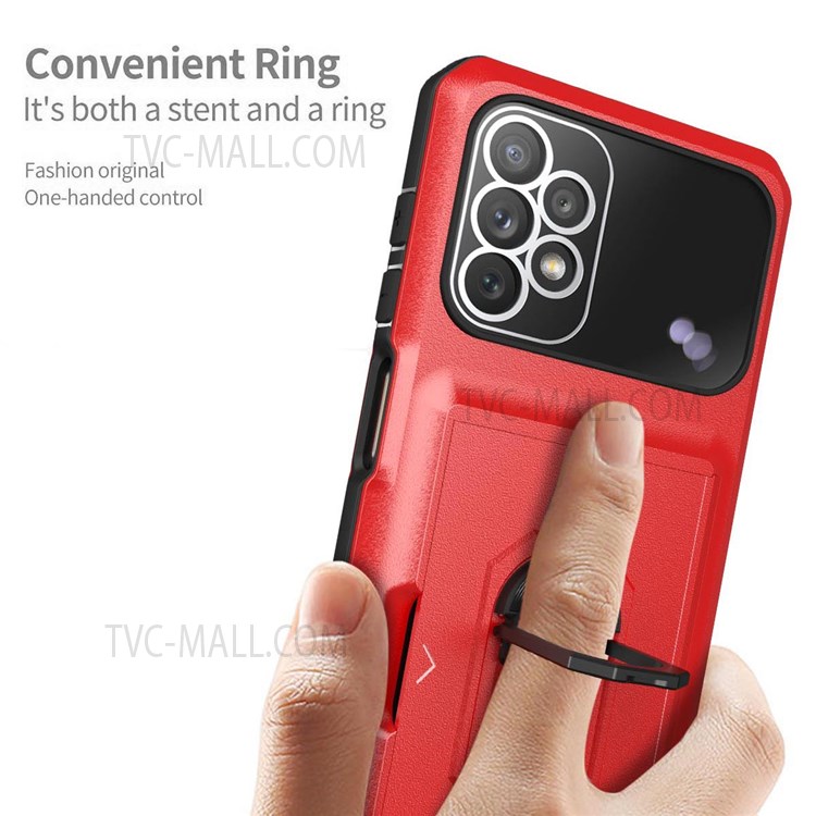 For Samsung Galaxy A32 5G/M32 5G 4 Corners Cushioning Integrated Back Card Holder Phone Case Micron Lens Film Design Ring Kickstand TPU + PC Cover - Sapphire/Blue-10