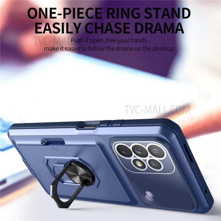 For Samsung Galaxy A32 5G/M32 5G 4 Corners Cushioning Integrated Back Card Holder Phone Case Micron Lens Film Design Ring Kickstand TPU + PC Cover - Sapphire/Blue-2