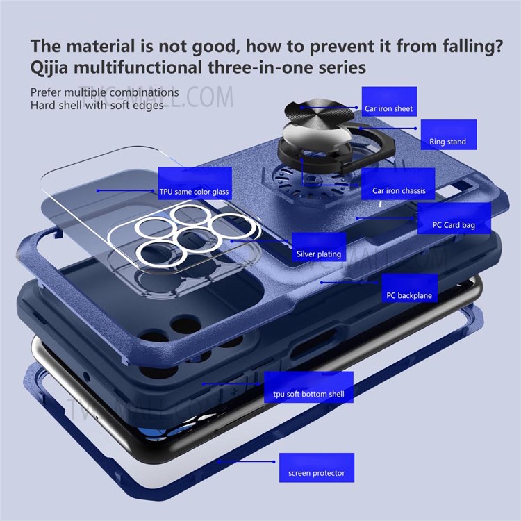 For Samsung Galaxy A32 5G/M32 5G 4 Corners Cushioning Integrated Back Card Holder Phone Case Micron Lens Film Design Ring Kickstand TPU + PC Cover - Sapphire/Blue-3