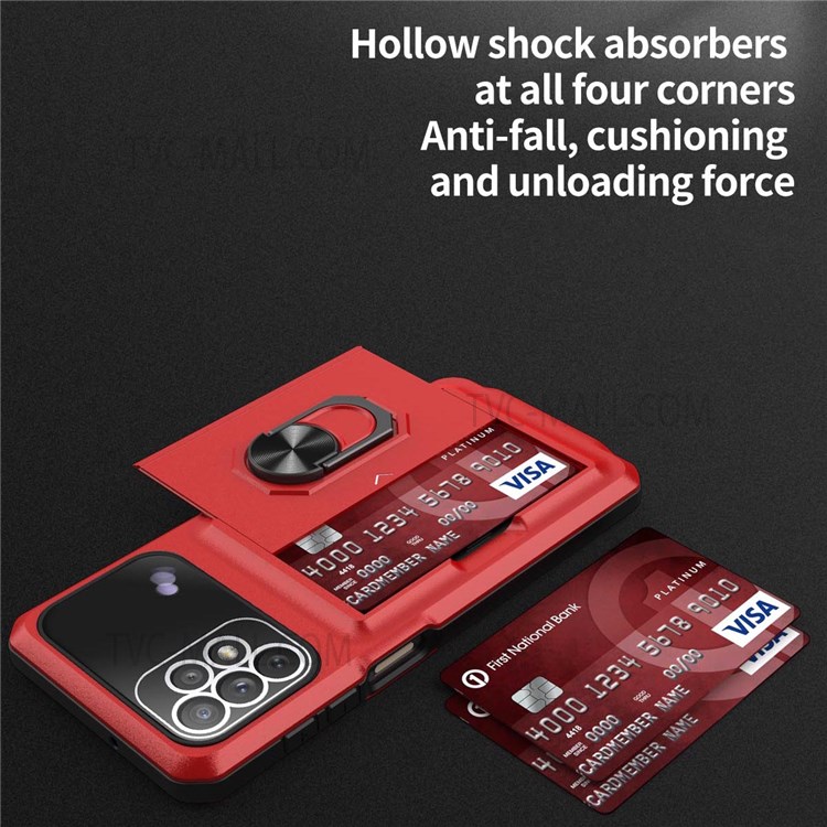 For Samsung Galaxy A32 5G/M32 5G 4 Corners Cushioning Integrated Back Card Holder Phone Case Micron Lens Film Design Ring Kickstand TPU + PC Cover - Sapphire/Blue-4