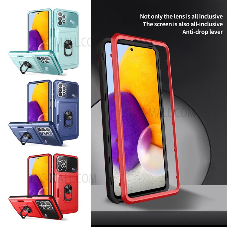 For Samsung Galaxy A32 5G/M32 5G 4 Corners Cushioning Integrated Back Card Holder Phone Case Micron Lens Film Design Ring Kickstand TPU + PC Cover - Sapphire/Blue-5