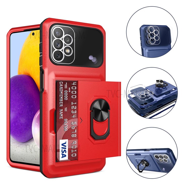 For Samsung Galaxy A32 5G/M32 5G 4 Corners Cushioning Integrated Back Card Holder Phone Case Micron Lens Film Design Ring Kickstand TPU + PC Cover - Sapphire/Blue-7