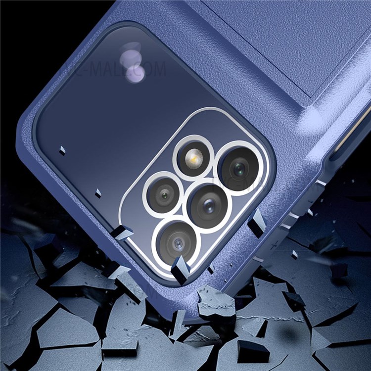 For Samsung Galaxy A32 5G/M32 5G 4 Corners Cushioning Integrated Back Card Holder Phone Case Micron Lens Film Design Ring Kickstand TPU + PC Cover - Sapphire/Blue-9