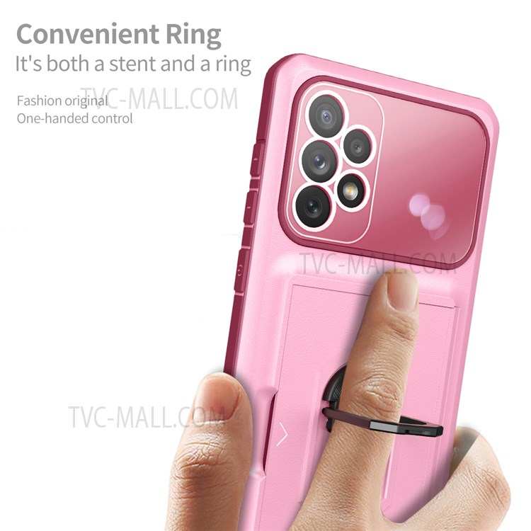 For Samsung Galaxy A72 4G/5G Shockproof Integrated Back Card Holder Phone Case Micron Lens Film Design Ring Kickstand TPU + PC Cover - Sapphire/Blue-10