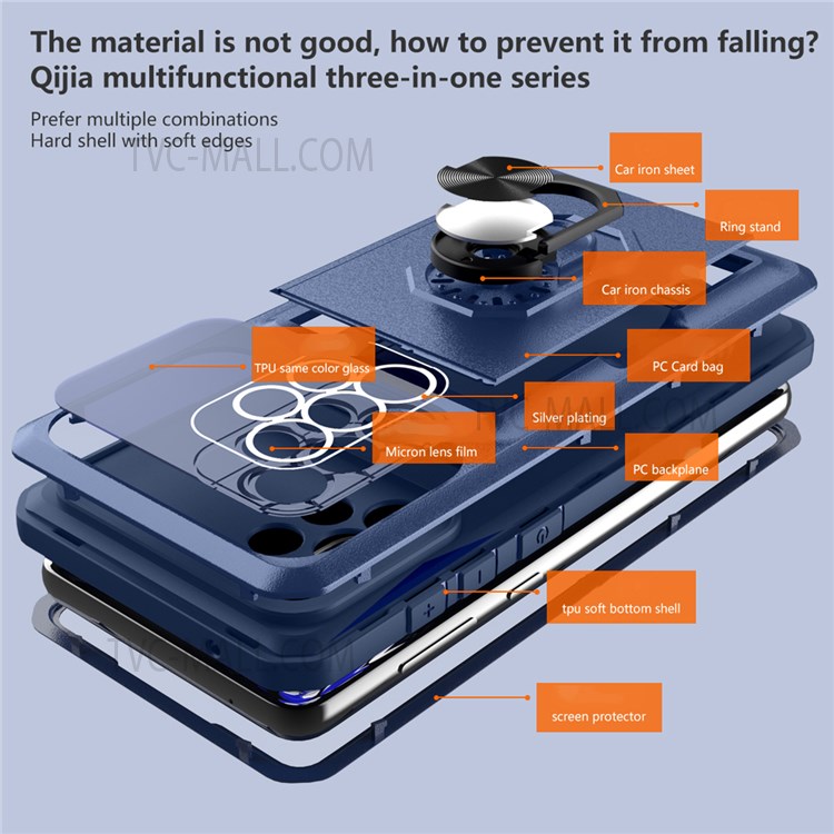 For Samsung Galaxy A72 4G/5G Shockproof Integrated Back Card Holder Phone Case Micron Lens Film Design Ring Kickstand TPU + PC Cover - Sapphire/Blue-3