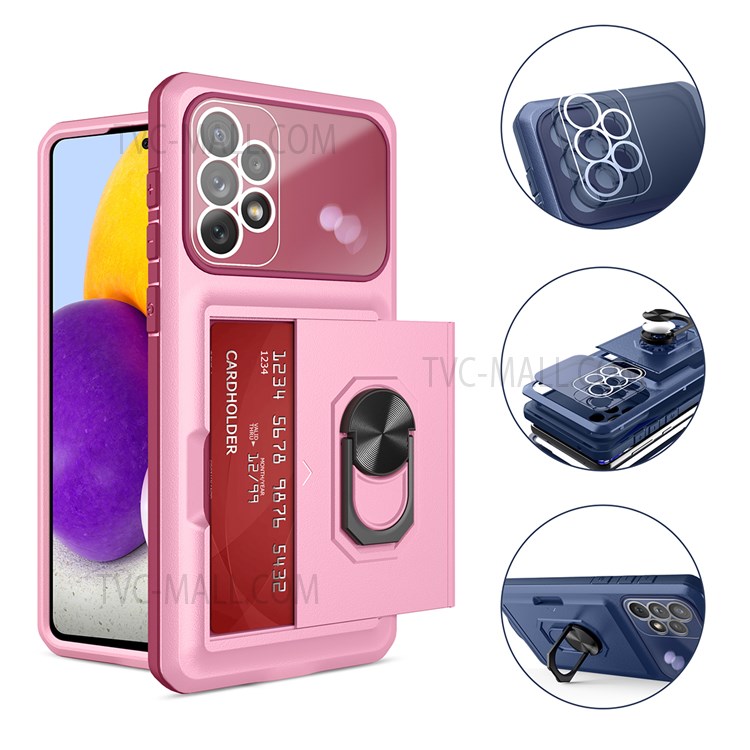 For Samsung Galaxy A72 4G/5G Shockproof Integrated Back Card Holder Phone Case Micron Lens Film Design Ring Kickstand TPU + PC Cover - Sapphire/Blue-7