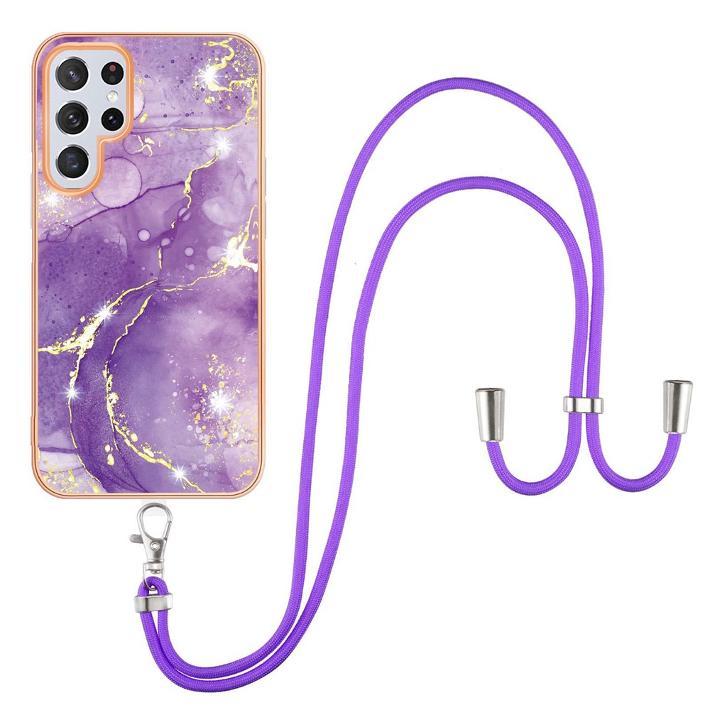 YB IMD Series-9 IMD TPU Case for Samsung Galaxy S22 Ultra 5G, Marble Pattern Electroplating Mobile Phone Cover with Lanyard - Purple 002-1