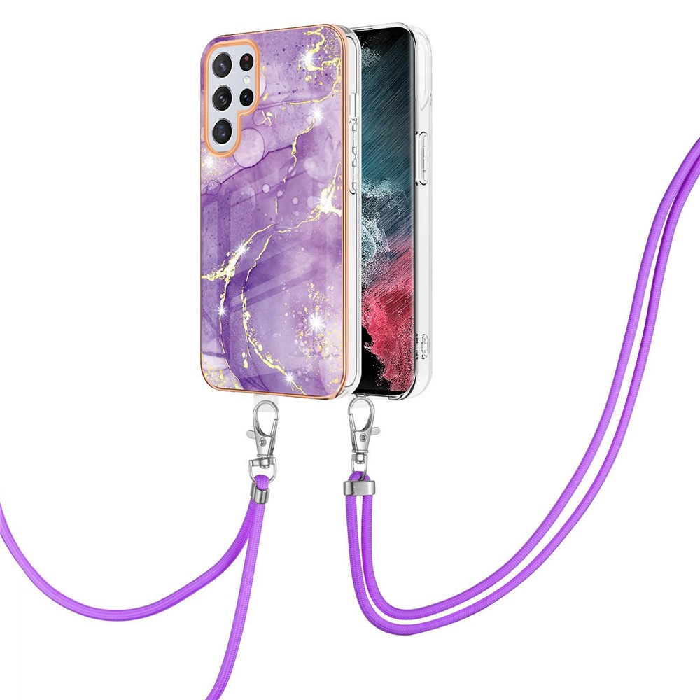 YB IMD Series-9 IMD TPU Case for Samsung Galaxy S22 Ultra 5G, Marble Pattern Electroplating Mobile Phone Cover with Lanyard - Purple 002-2