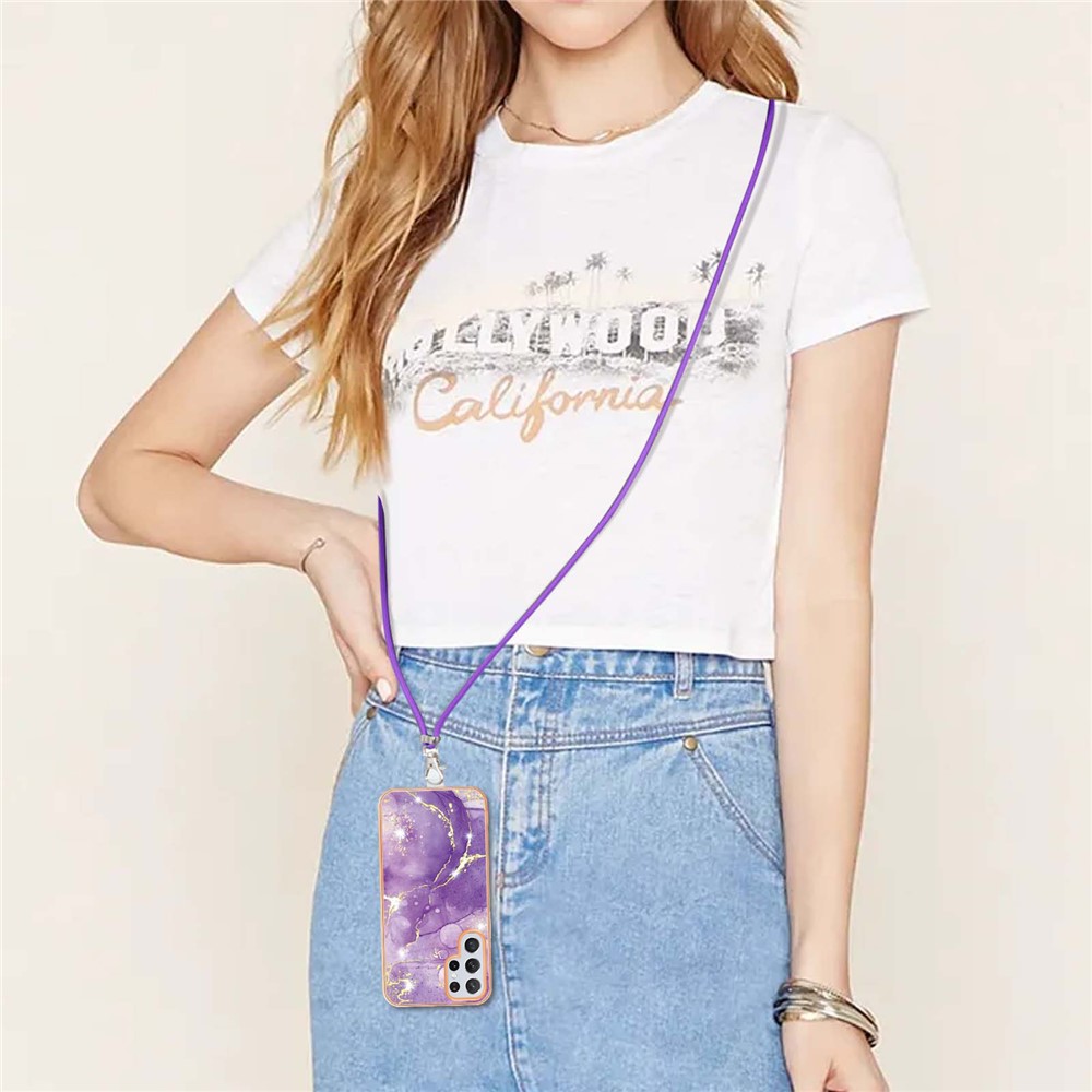 YB IMD Series-9 IMD TPU Case for Samsung Galaxy S22 Ultra 5G, Marble Pattern Electroplating Mobile Phone Cover with Lanyard - Purple 002-4