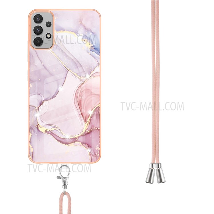 YB IMD Series-9 IMD Marble Phone Case for Samsung Galaxy A73 5G, Electroplating Frame Soft TPU Back Cover with Lanyard - Rose Gold 005-3
