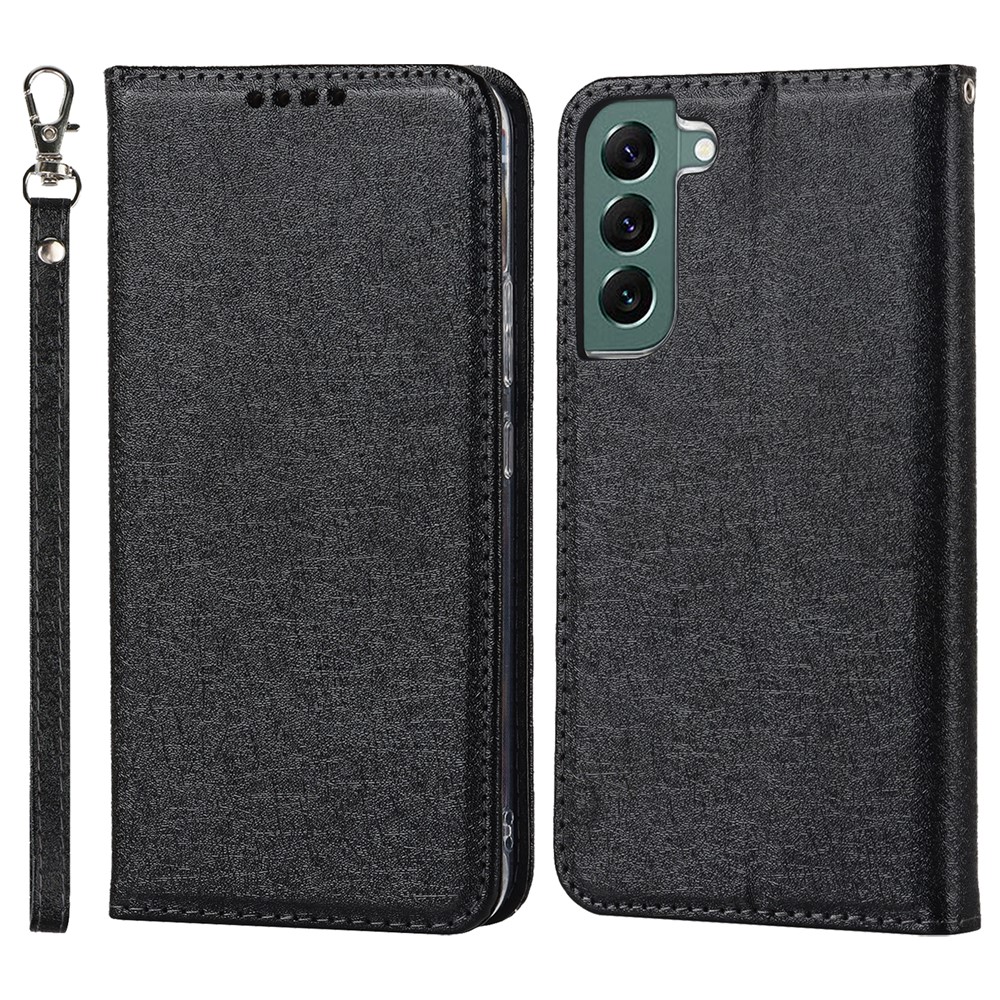 For Samsung Galaxy S22+ 5G PU Leather Silk Texture Phone Case Stand Flip Folio Wallet Cover with Wrist Strap - Black-1