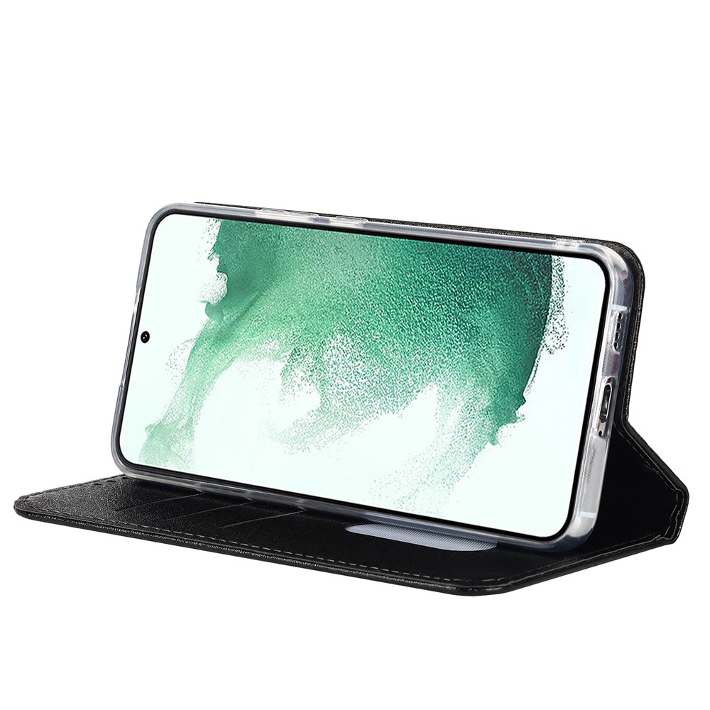 For Samsung Galaxy S22+ 5G PU Leather Silk Texture Phone Case Stand Flip Folio Wallet Cover with Wrist Strap - Black-5